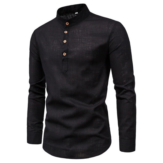Men’s Stand-Up Collar Cotton-Linen Shirt