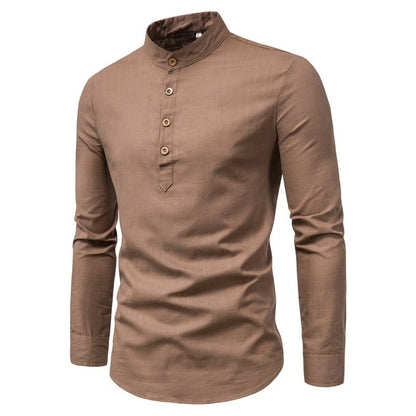Men’s Stand-Up Collar Cotton-Linen Shirt