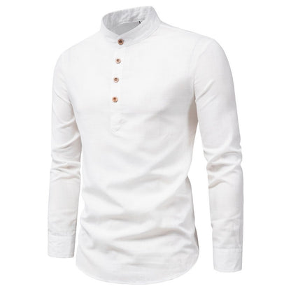 Men’s Stand-Up Collar Cotton-Linen Shirt