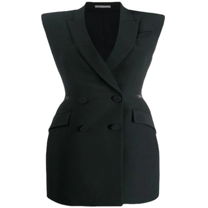Vest Dress Summer New Commute Double Breasted Slim Dresses For Women Back Splicing Lace Perspective Sexy Black Mini Dress