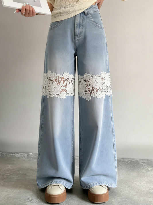 Women’s Light Wash Lace Insert Wide Leg Jeans