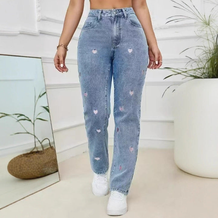 Embroidered Straight Leg Loose Fit Denim Trousers