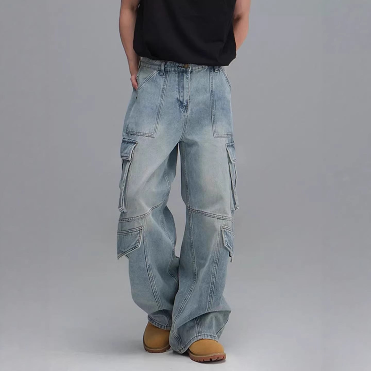 Washed Multi-Pocket Casual Wide-Leg Jeans