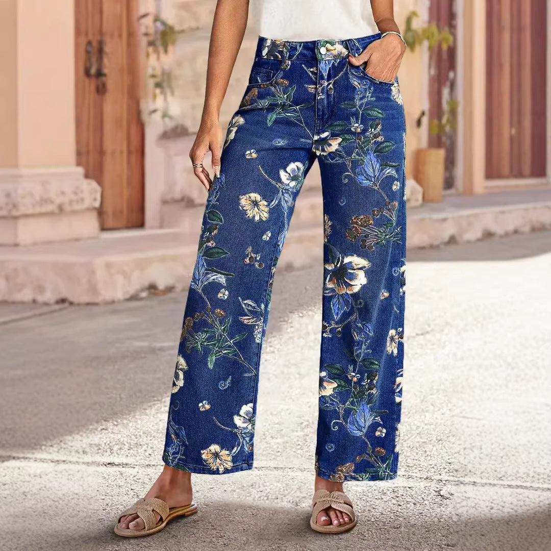 Retro Print Loose Wide Leg Denim Jeans