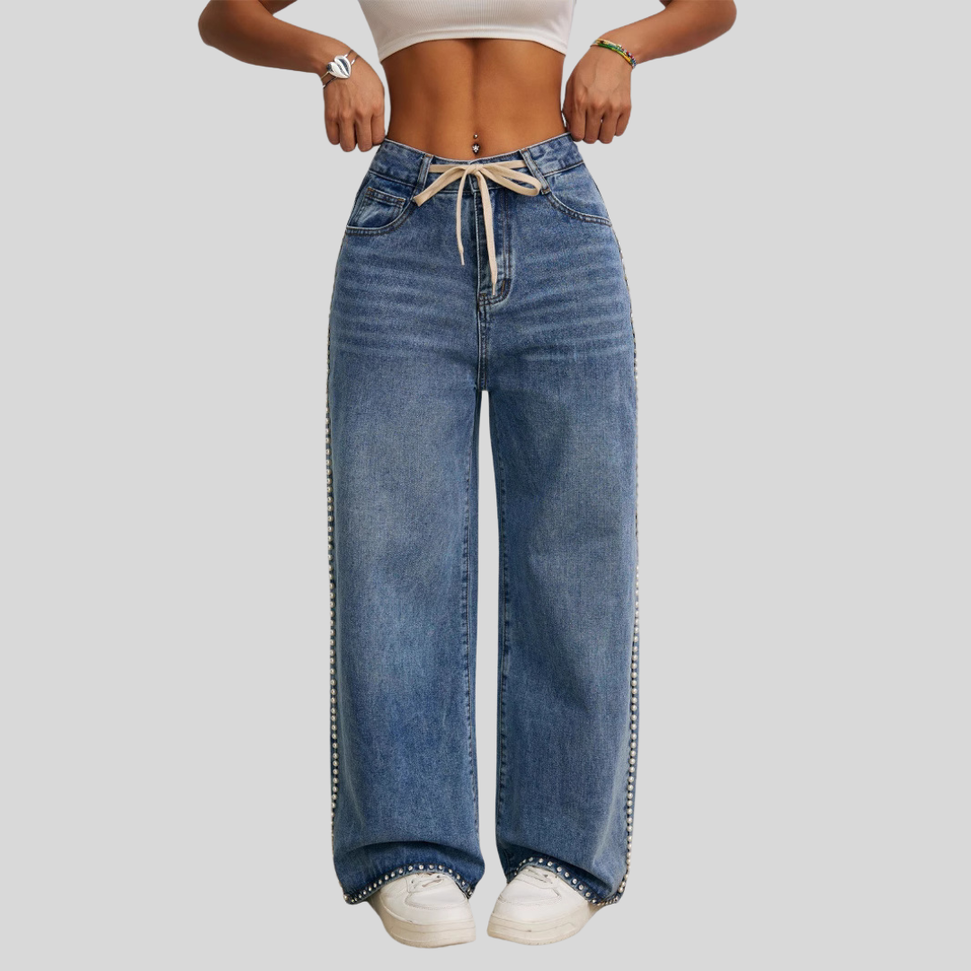 Drawstring High-Waisted Retro Wide Leg Denim Jeans