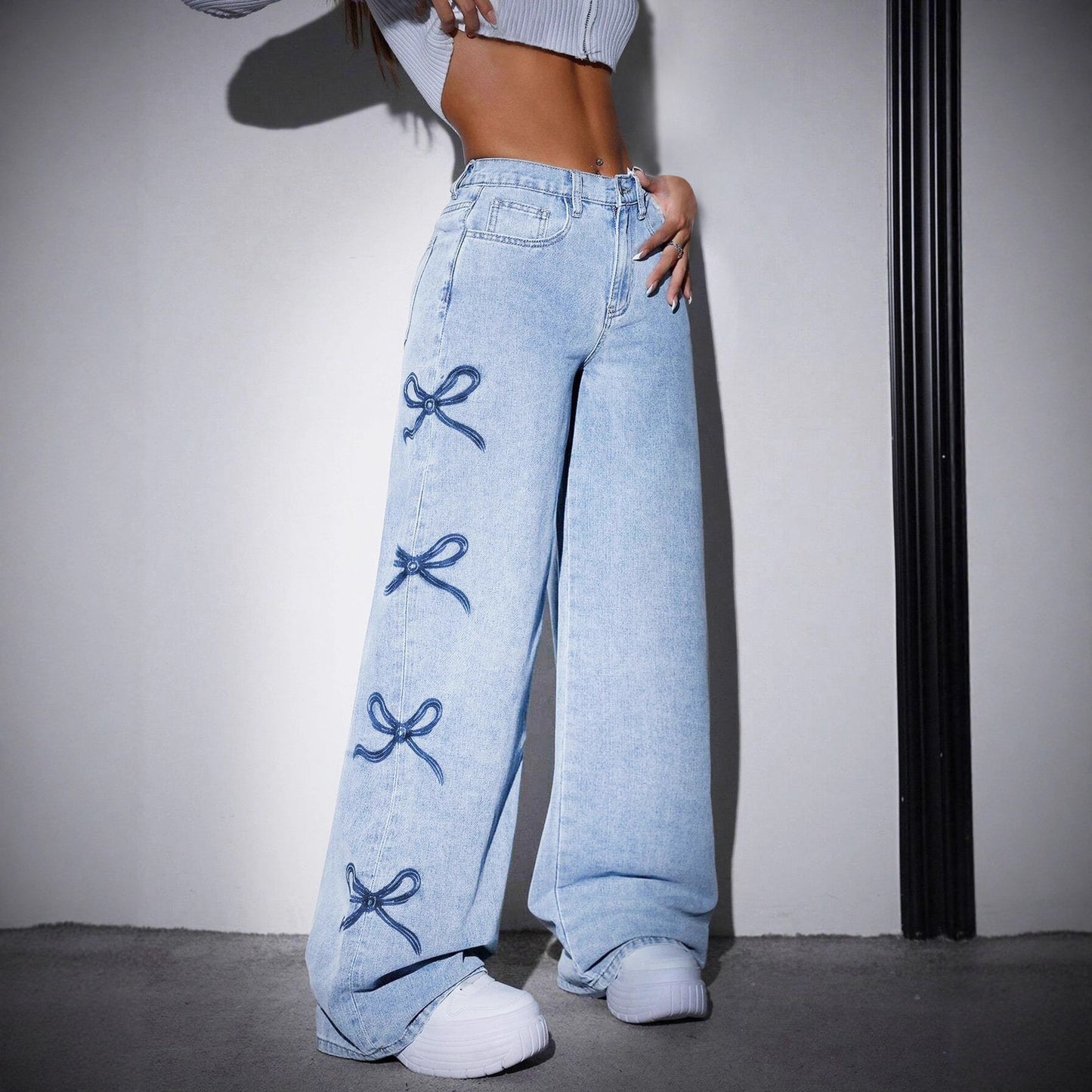 Printed Straight Leg Wide Leg Jeans