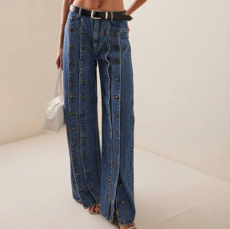 Fashionable Button Front Slit Straight Jeans