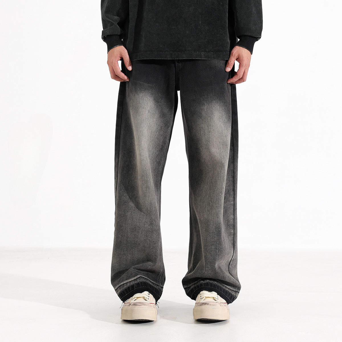 American-style Heavy Washed Wide Leg Jeans