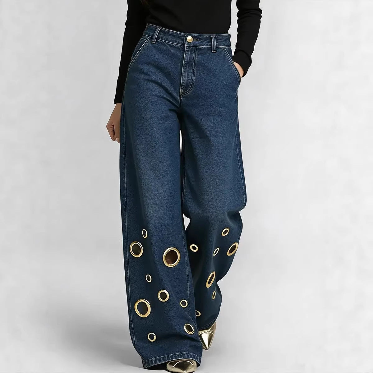High-Waisted Loose Fit Jeans with Cutout & Eyelet Details