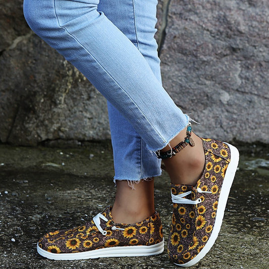 Loafers dames, zonnebloemprint, platte, casual canvas schoenen, zonder veters, gemakkelijke schoenen.