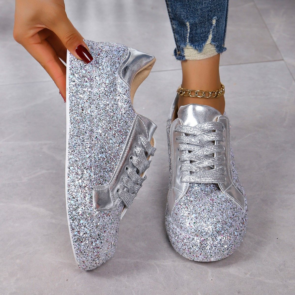 Plus Size Spaanse Pumps met Pailletten, Casual Modieus, Vrouwen, Vetersluiting aan de Voorzijde, Sneakers