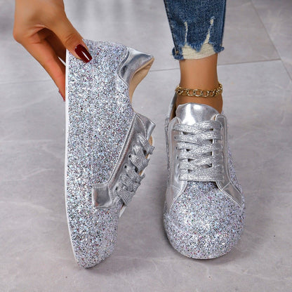 Plus Size Spaanse Pumps met Pailletten, Casual Modieus, Vrouwen, Vetersluiting aan de Voorzijde, Sneakers