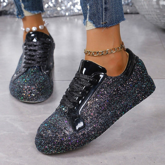 Plus Size Spaanse Pumps met Pailletten, Casual Modieus, Vrouwen, Vetersluiting aan de Voorzijde, Sneakers