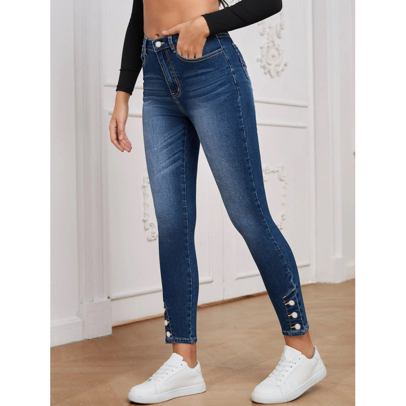 Foot-Zip Tight-Fitting Stretch Denim Cropped Pants