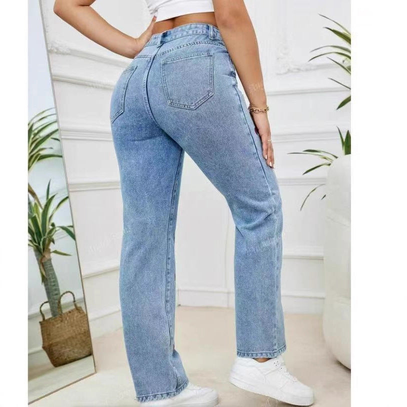 Embroidered Straight Leg Loose Fit Denim Trousers