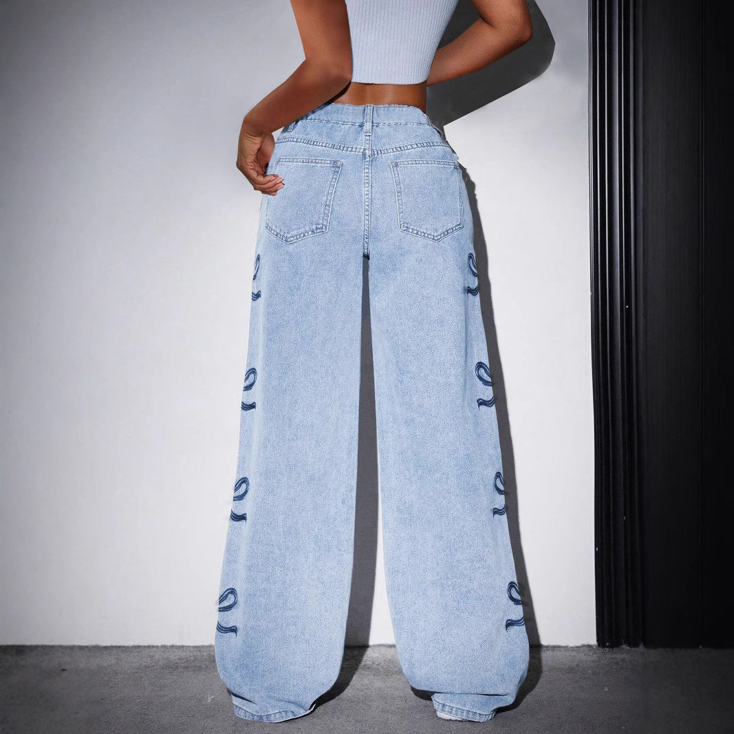 Printed Straight Leg Wide Leg Jeans