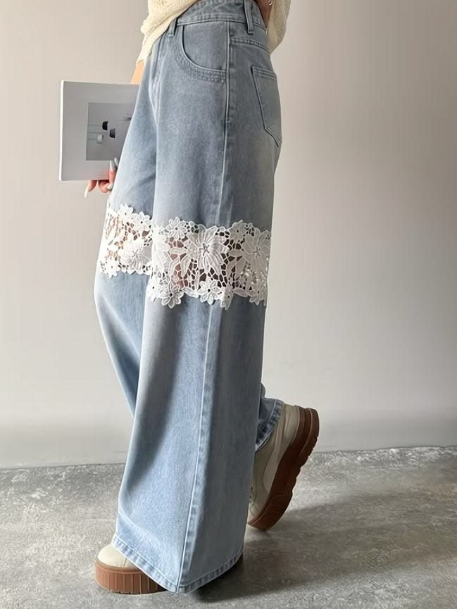 Women’s Light Wash Lace Insert Wide Leg Jeans