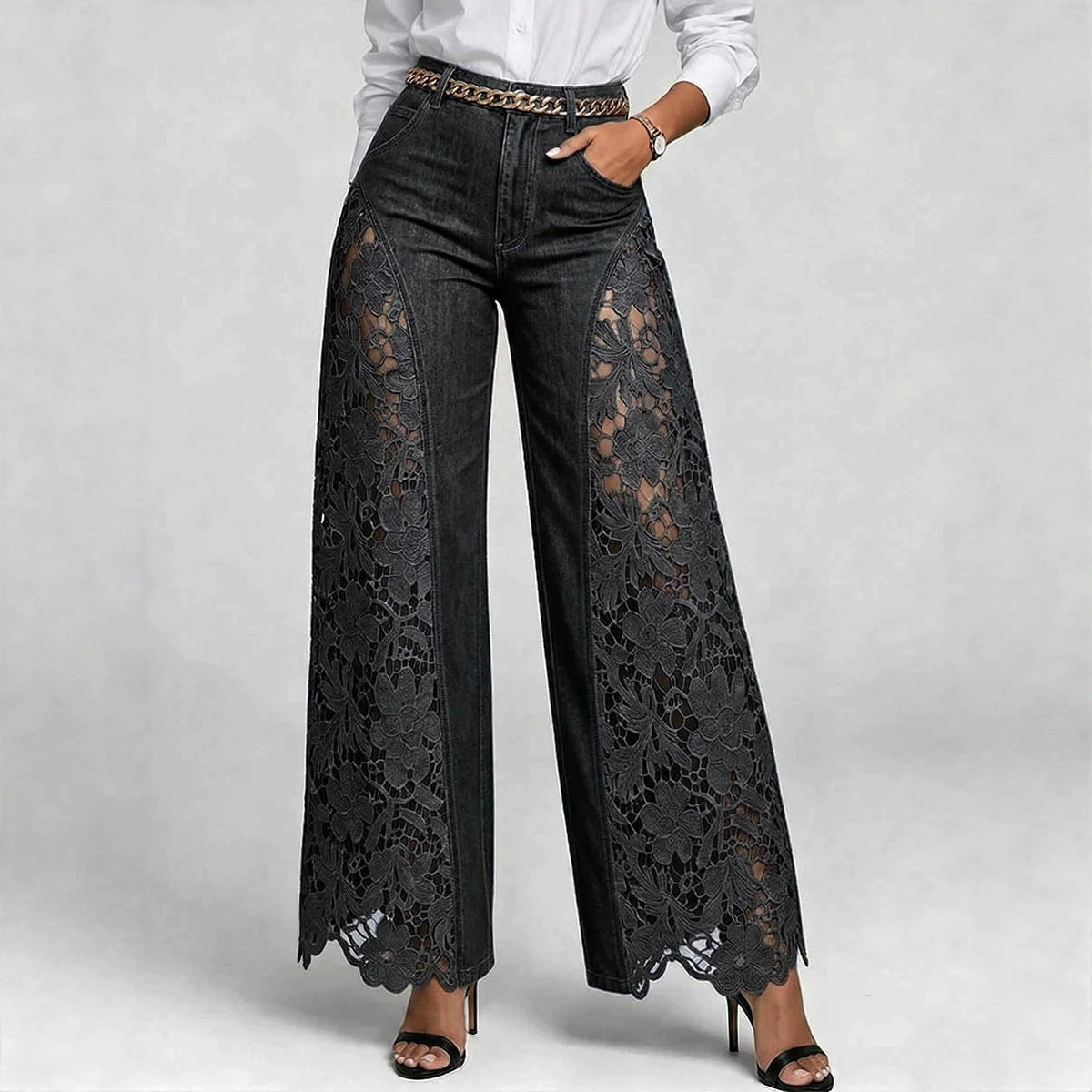 Women’s High-Waisted Wide Leg Lace Panelled Jeans