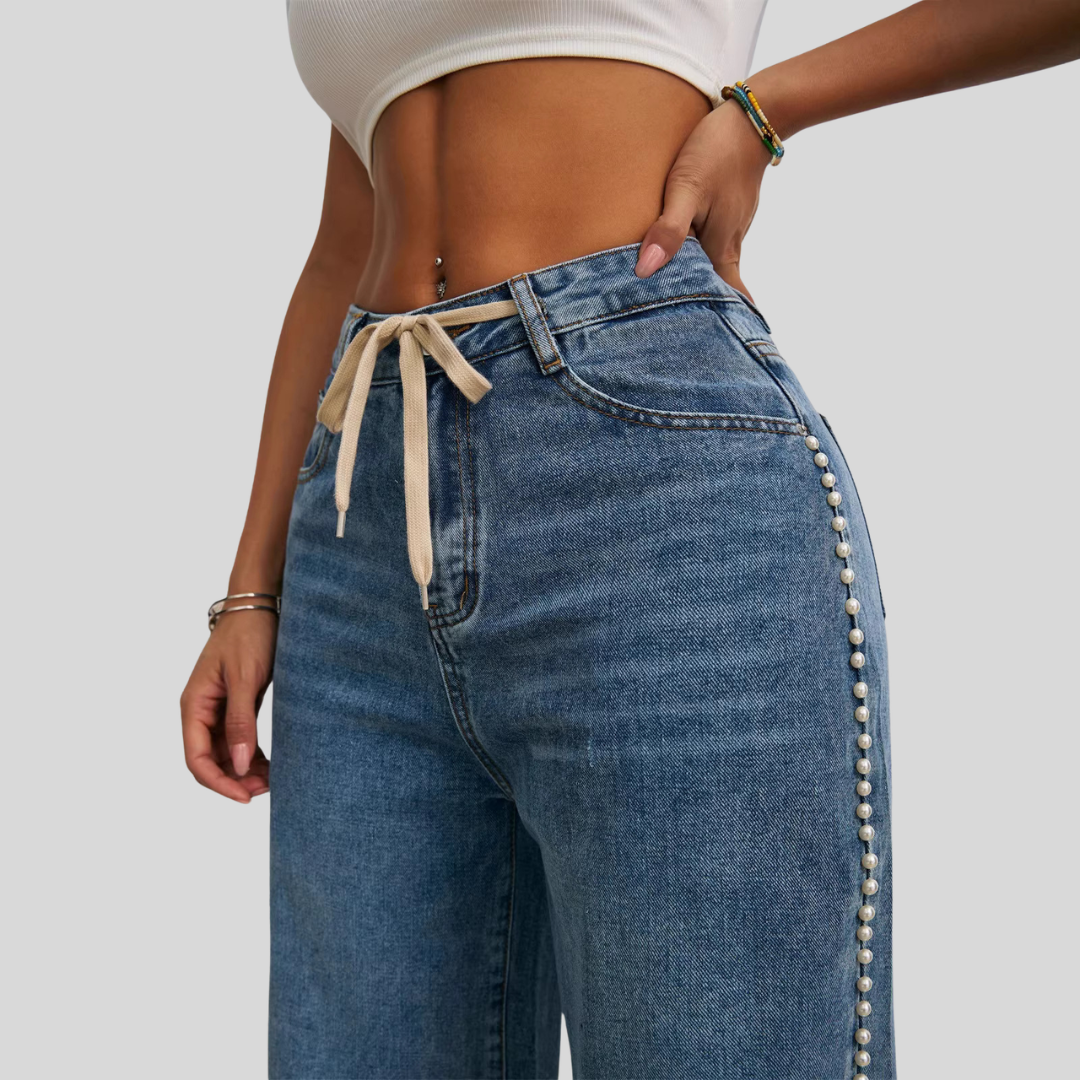 Drawstring High-Waisted Retro Wide Leg Denim Jeans