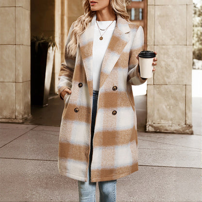Mid-length Double-breasted Suit Collar Plaid Coat