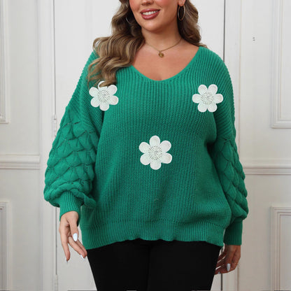 Women's Pineapple Sleeve Three-dimensional Flower Stitching Pearl Embroidered Sweater