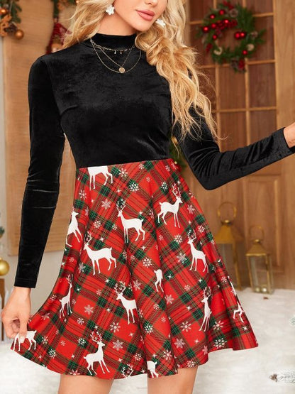 Christmas Deer Plaid Printed Dress
