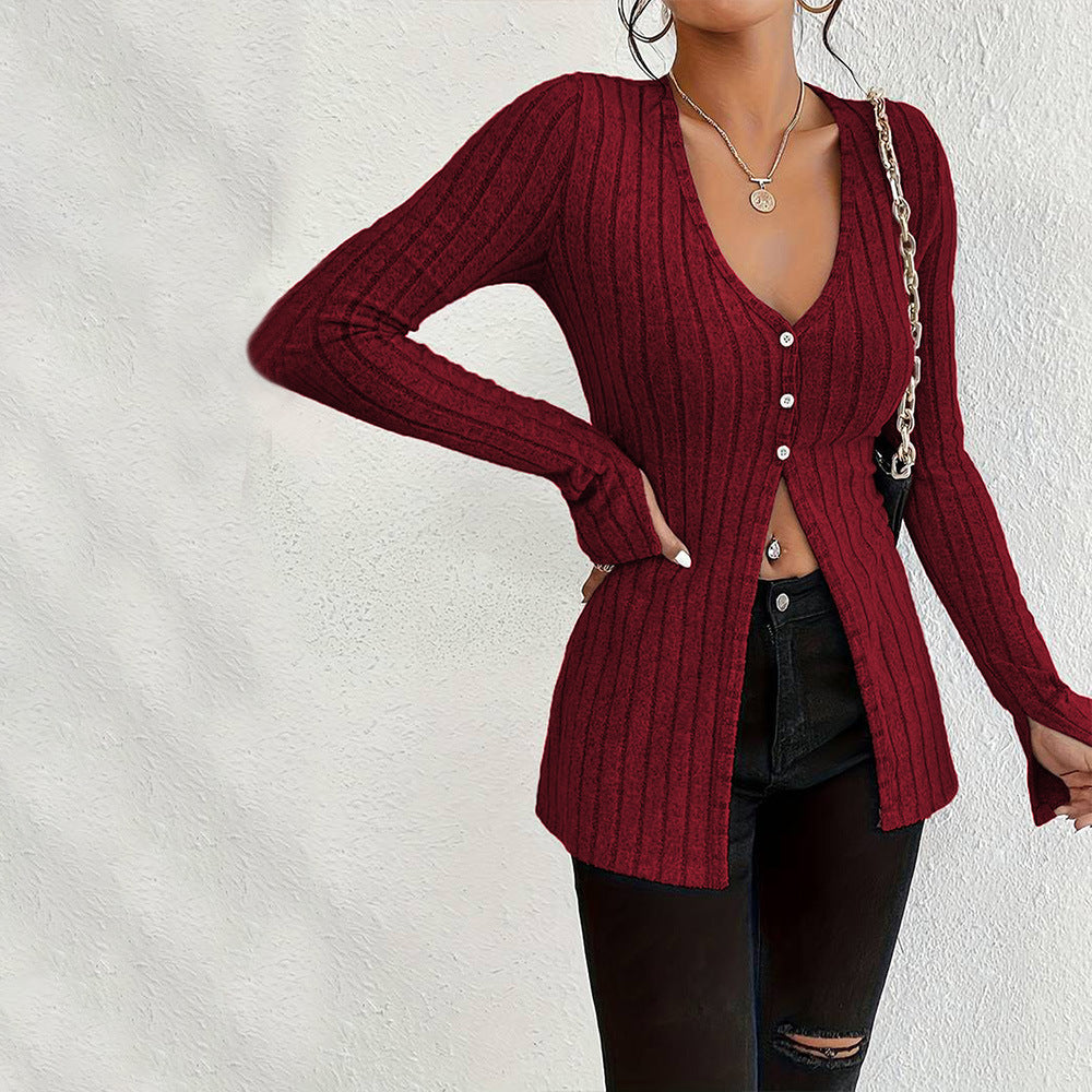 French Style V-neck Long Sleeve Crop Top