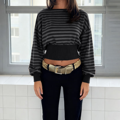 Retro Striped Cropped Top With Cinched Waist