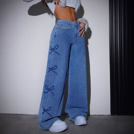 Printed Straight Leg Wide Leg Jeans