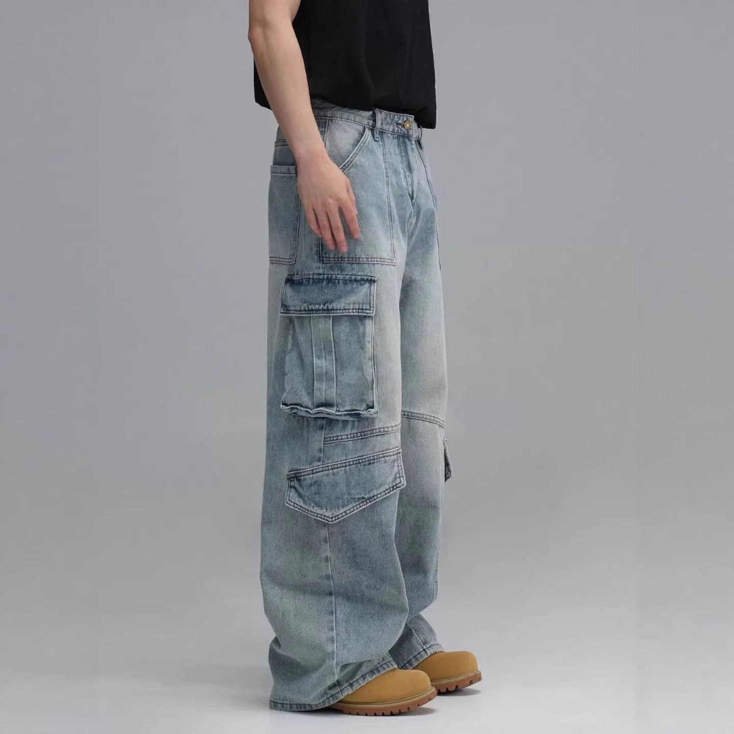 Washed Multi-Pocket Casual Wide-Leg Jeans