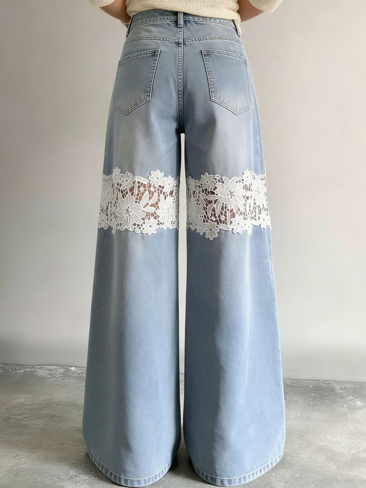 Women’s Light Wash Lace Insert Wide Leg Jeans