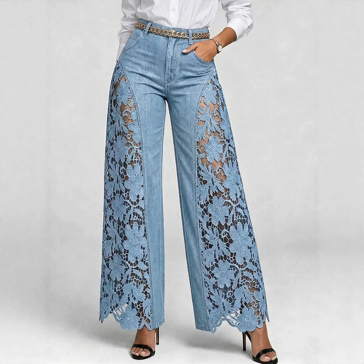Women’s High-Waisted Wide Leg Lace Panelled Jeans