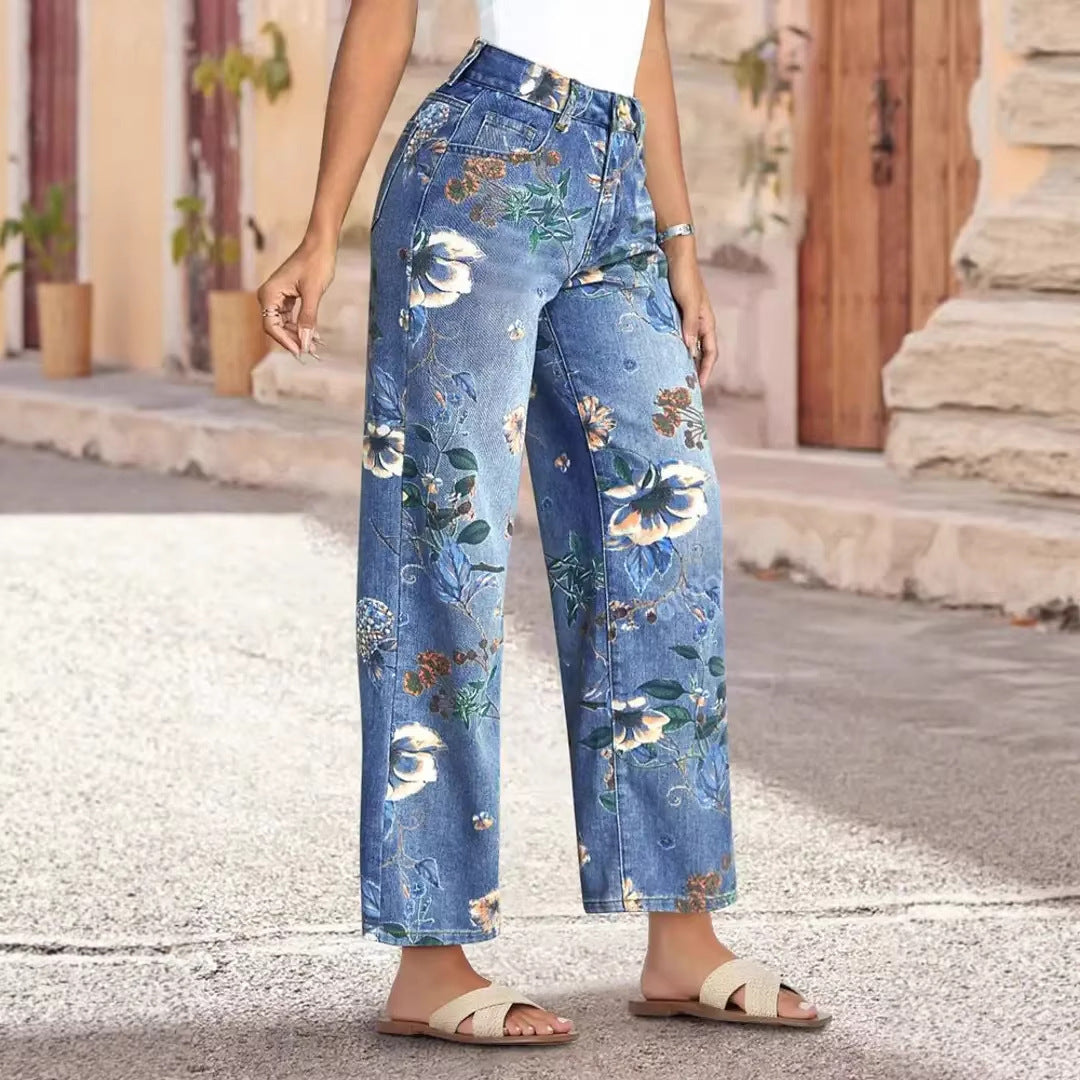 Retro Print Loose Wide Leg Denim Jeans