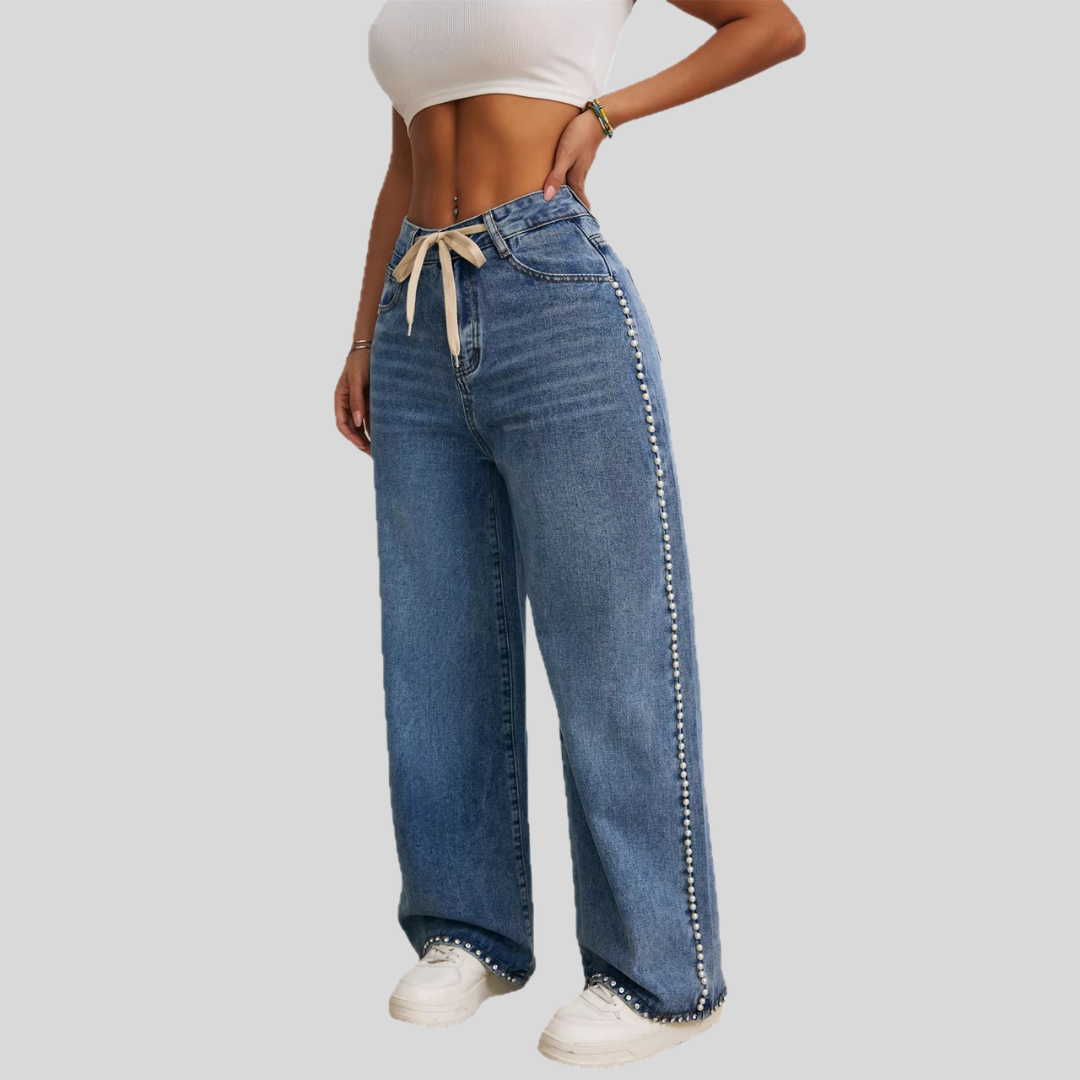 Drawstring High-Waisted Retro Wide Leg Denim Jeans