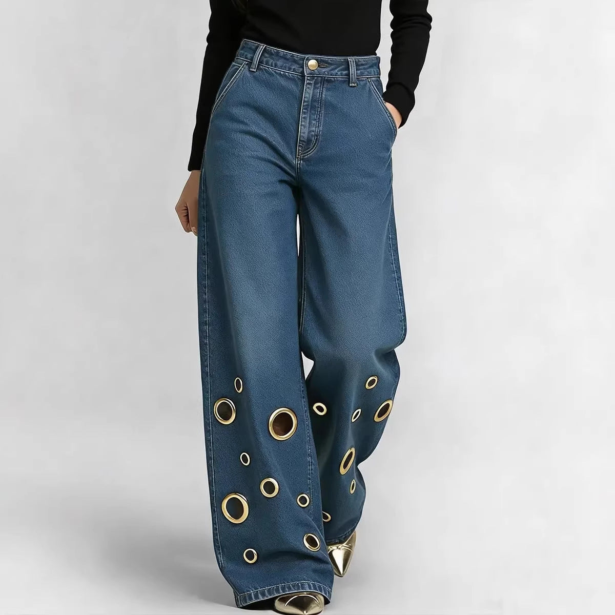 High-Waisted Loose Fit Jeans with Cutout & Eyelet Details
