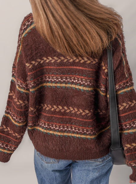 Brown Ethnic Pattern Mohair Knitted Drop Shoulder Sweater