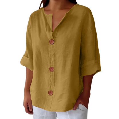 Loose T-shirt Women's V-neck Cotton And Linen Button Top