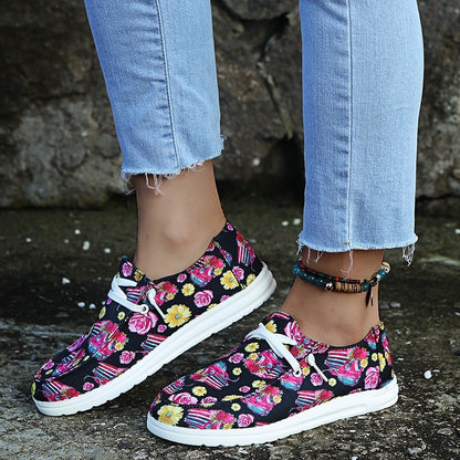 Loafers dames, zonnebloemprint, platte, casual canvas schoenen, zonder veters, gemakkelijke schoenen.