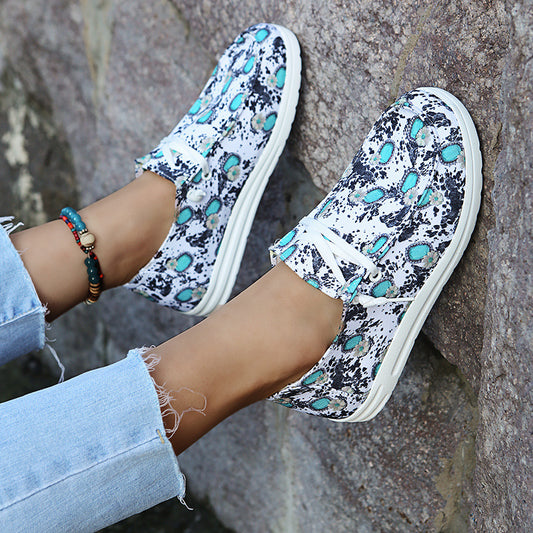Loafers dames, zonnebloemprint, platte, casual canvas schoenen, zonder veters, gemakkelijke schoenen.