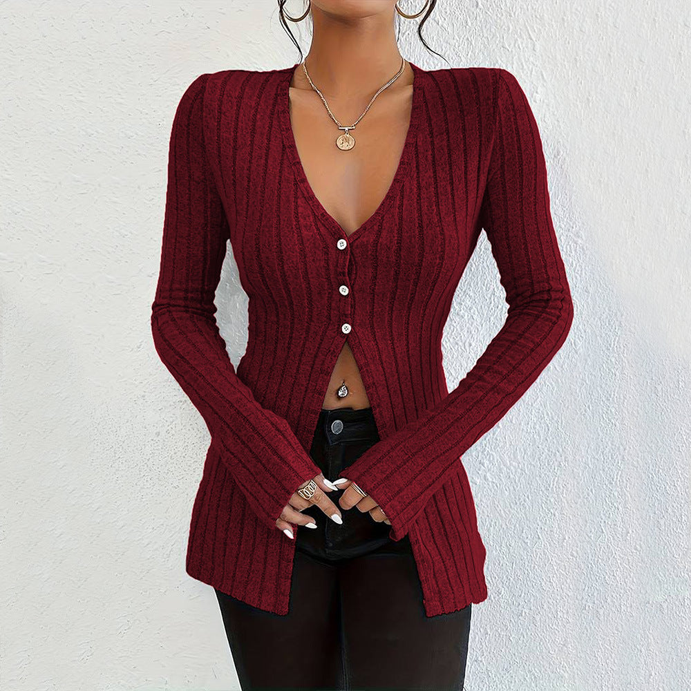 French Style V-neck Long Sleeve Crop Top