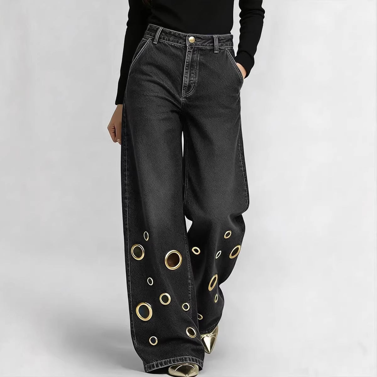 High-Waisted Loose Fit Jeans with Cutout & Eyelet Details
