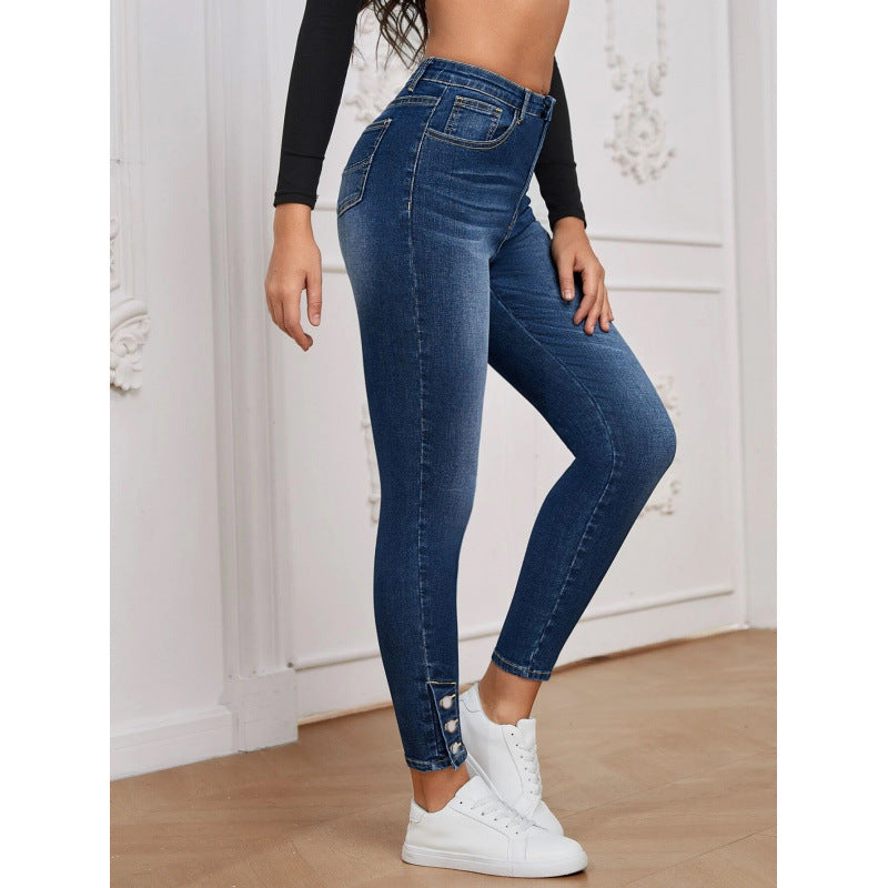 Foot-Zip Tight-Fitting Stretch Denim Cropped Pants