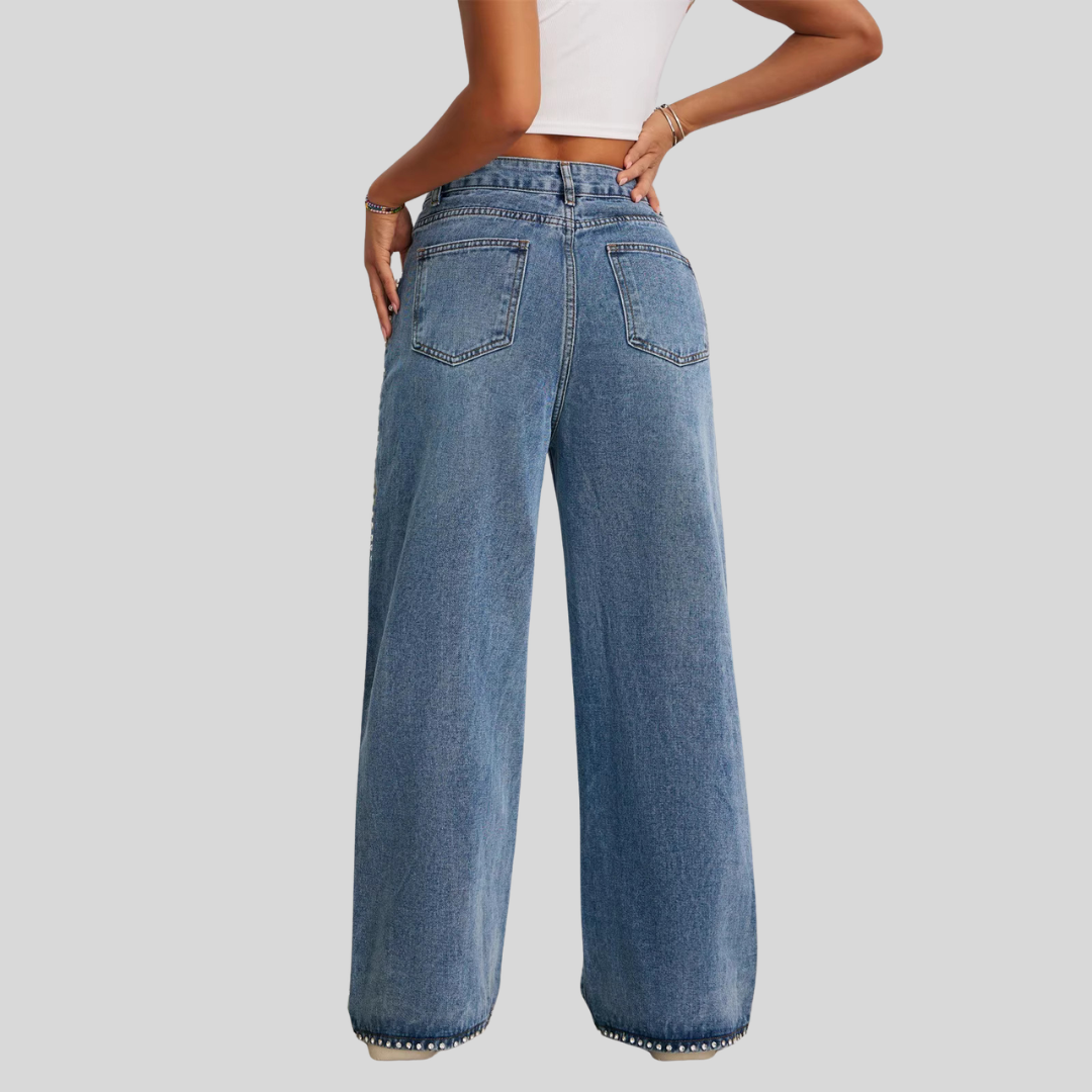 Drawstring High-Waisted Retro Wide Leg Denim Jeans