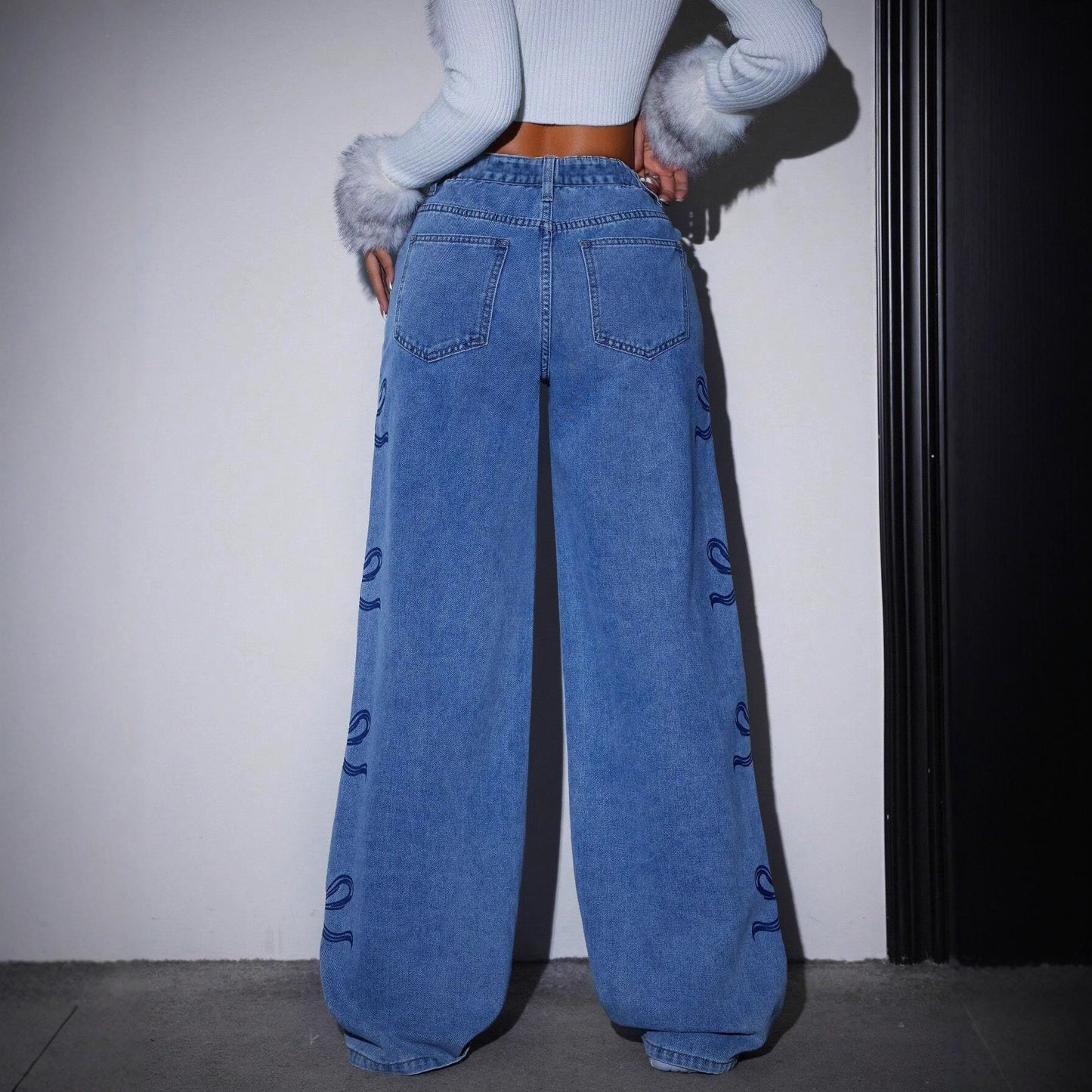Printed Straight Leg Wide Leg Jeans