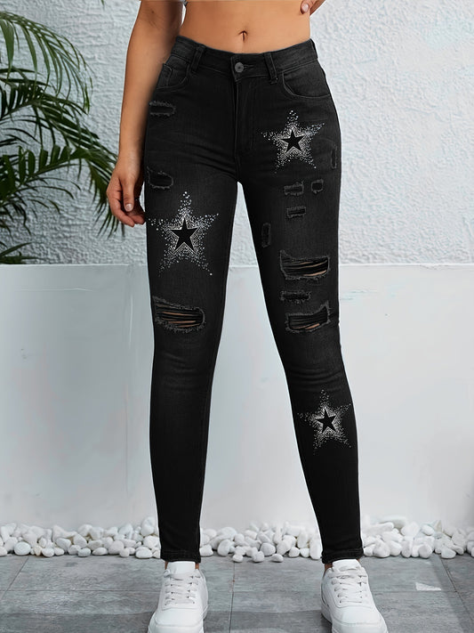 Distressed Color-Blocked Star Print Skinny Denim Jeans