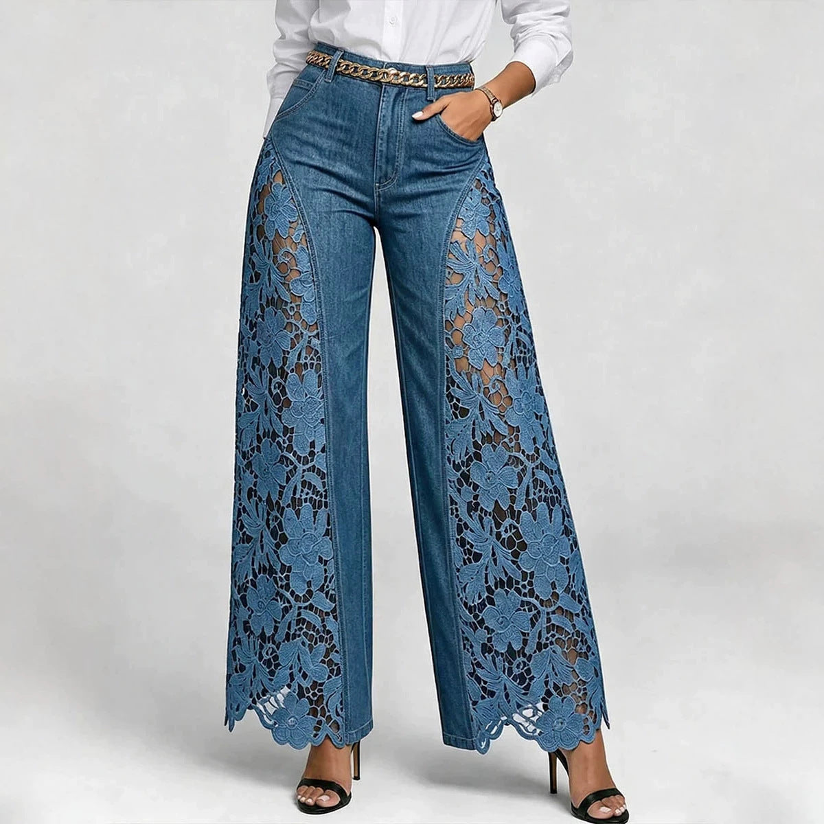 Women’s High-Waisted Wide Leg Lace Panelled Jeans