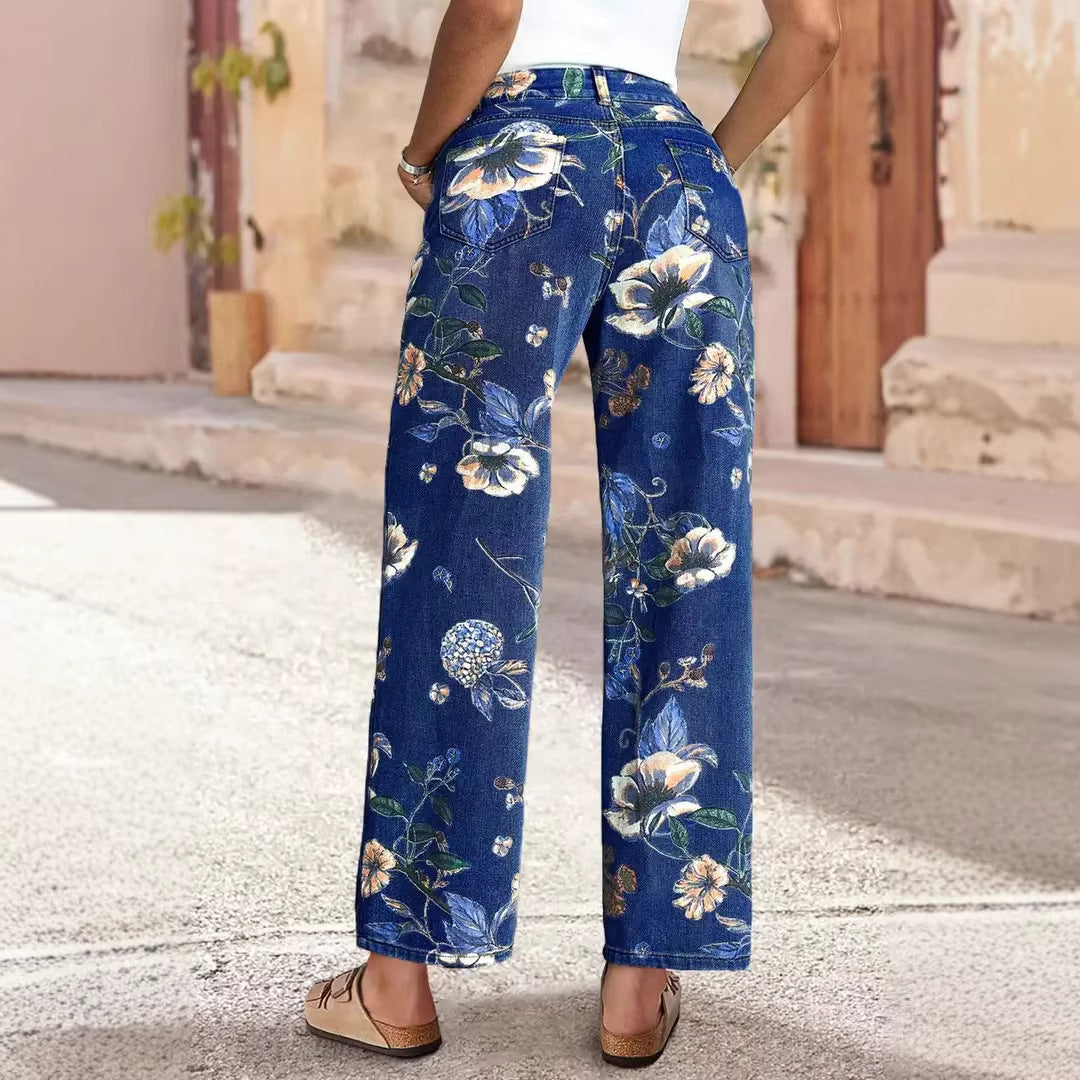 Retro Print Loose Wide Leg Denim Jeans