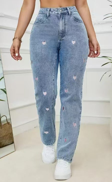 Embroidered Straight Leg Loose Fit Denim Trousers