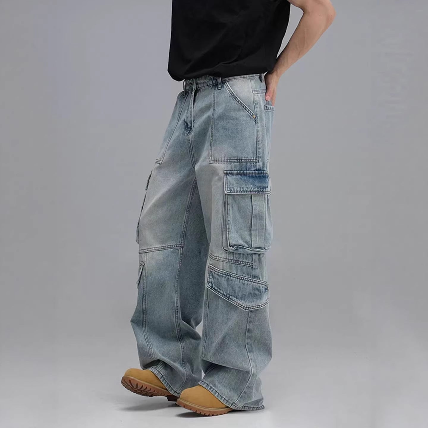 Washed Multi-Pocket Casual Wide-Leg Jeans