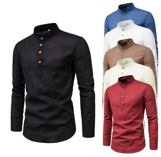 Men’s Stand-Up Collar Cotton-Linen Shirt